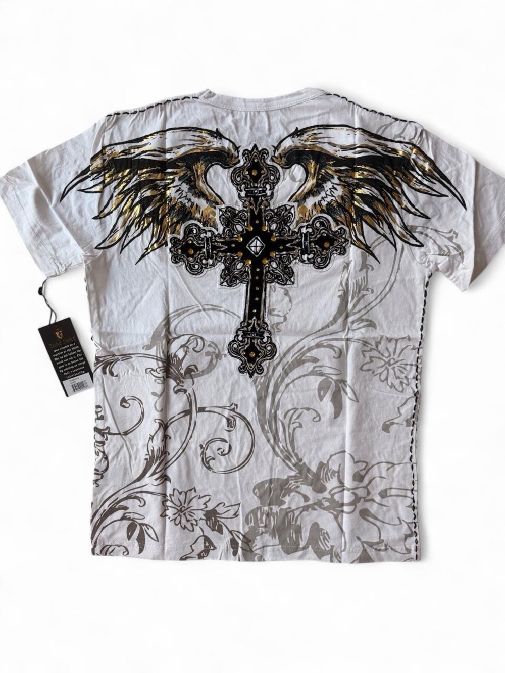Rebel Spirit White Tee with Black Cross and Gold Wing Graphic